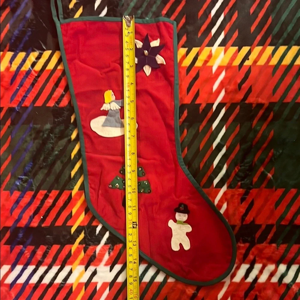 VTG Red Holiday Stocking with Felt Angel, Christmas Tree, Snowman & More